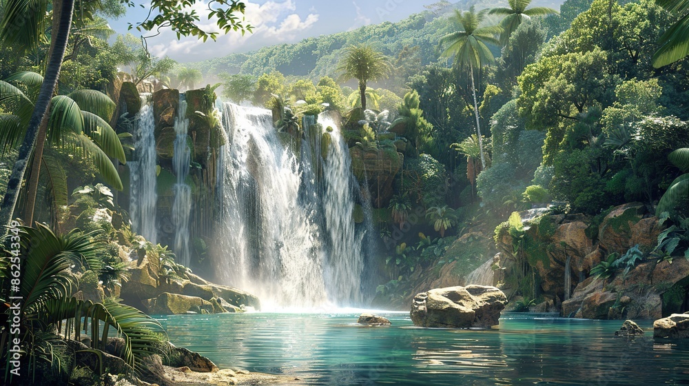 Majestic Waterfall Cascading into Crystal-Clear Pool: Tropical Paradise with Lush Vegetation Majestic Waterfall Cascading into Crystal-Clear Pool: Tropical Paradise with Lush Vegetation