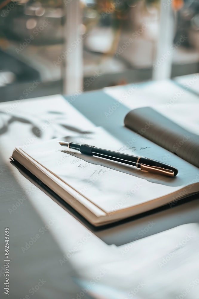 Tranquil Moment of Reflection - Close-up of Journal and Pen on White Table with Clear Lighting Tranquil Moment of Reflection - Close-up of Journal and Pen on White Table with Clear Lighting