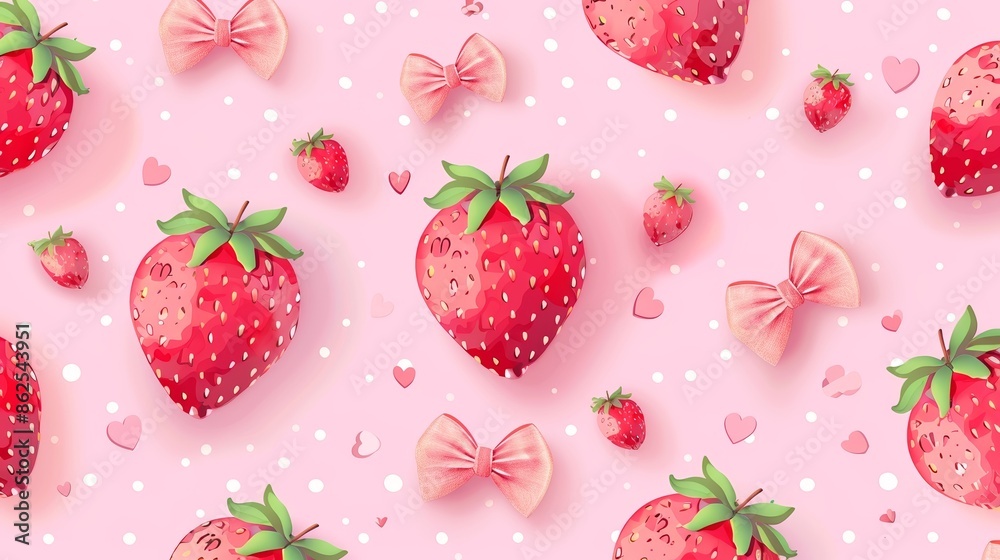 Seamless pattern with red strawberries, pink bows and hearts on light pink background. Seamless pattern with red strawberries, pink bows and hearts on light pink background.