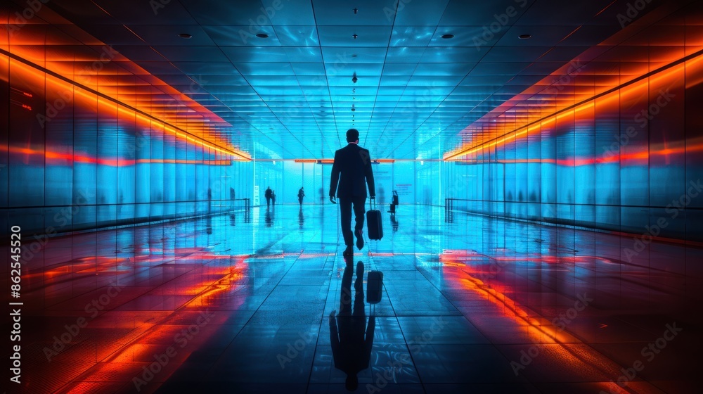Businessman Walking Through Neon-Lit Corridor Businessman Walking Through Neon-Lit Corridor