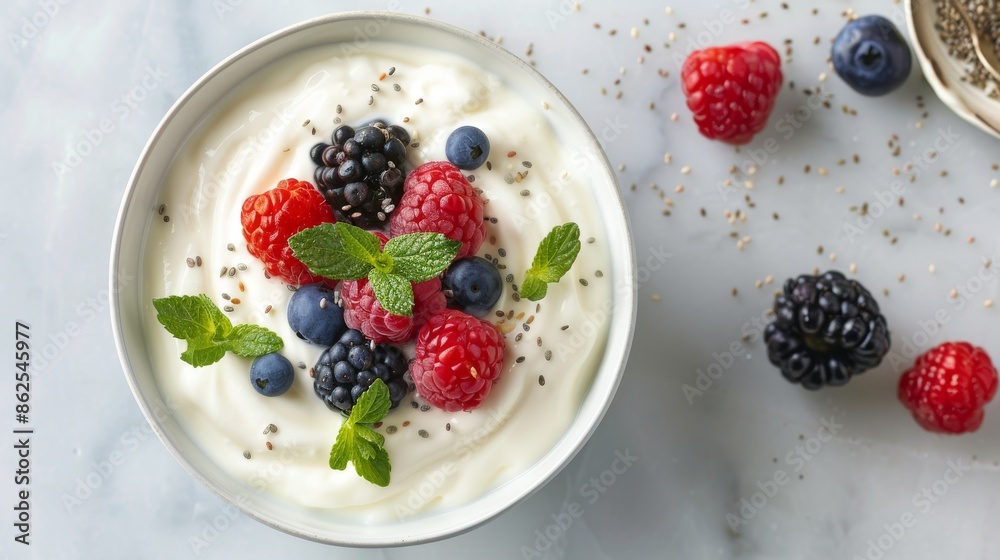 Photograph a bowl of Greek yogurt topped with fresh berries, honey, and a sprinkle of hemp seeds. Photograph a bowl of Greek yogurt topped with fresh berries, honey, and a sprinkle of hemp seeds.