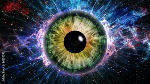 Close-up of a human iris with psychedelic multicolored patterns