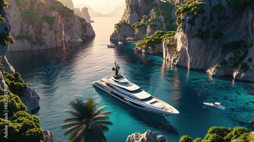 luxury yacht in a beautiful cove, generative ai photo