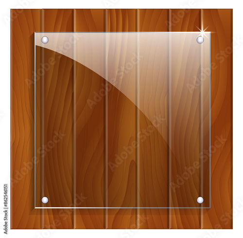 Glass Plaque on Wooden Background. 3D illustration
