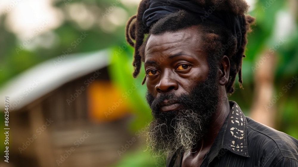 Portrait of an African senior man with dreadlocks and a beard, standing outdoors in a rural setting with greenery and a wooden house in the background Portrait of an African senior man with dreadlocks and a beard, standing outdoors in a rural setting with greenery and a wooden house in the background