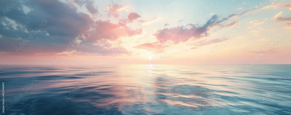 Sunset over calm ocean with scattered clouds, serene landscape. Peaceful nature and tranquility concept Sunset over calm ocean with scattered clouds, serene landscape. Peaceful nature and tranquility concept