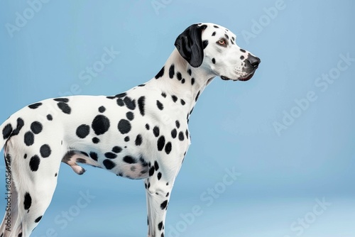 Spotted dalmatian dog standing against blue background