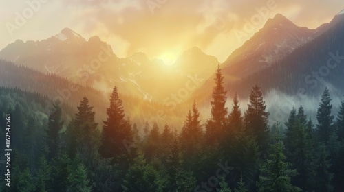 Sunset over misty mountain range with dense pine forest, tranquil nature scene. Peaceful wilderness and serenity concept photo