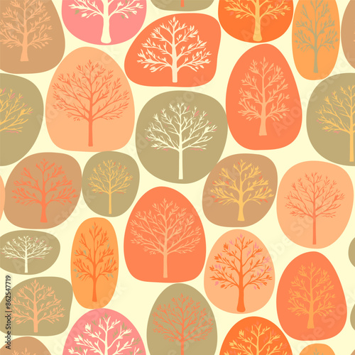 Autumn Trees Seamless Pattern. Forest Autumn Season Texture with Trees Orange Color. Fall Vector Background. Creative Abstract Leaf Fall Design for Fabric, Textile, Surface, Prints.