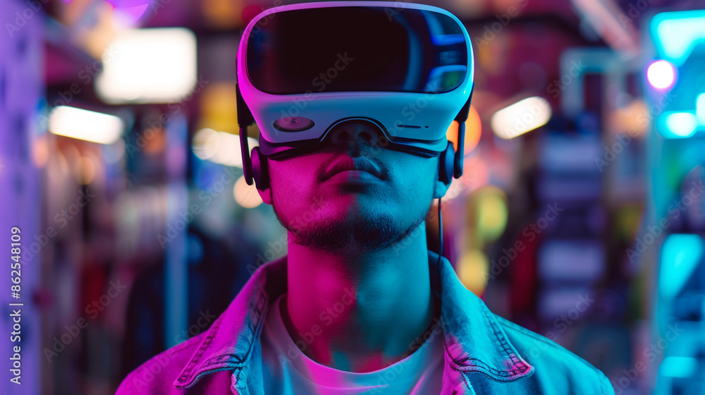 A tech enthusiast showcasing VR headsets. A tech enthusiast showcasing VR headsets.