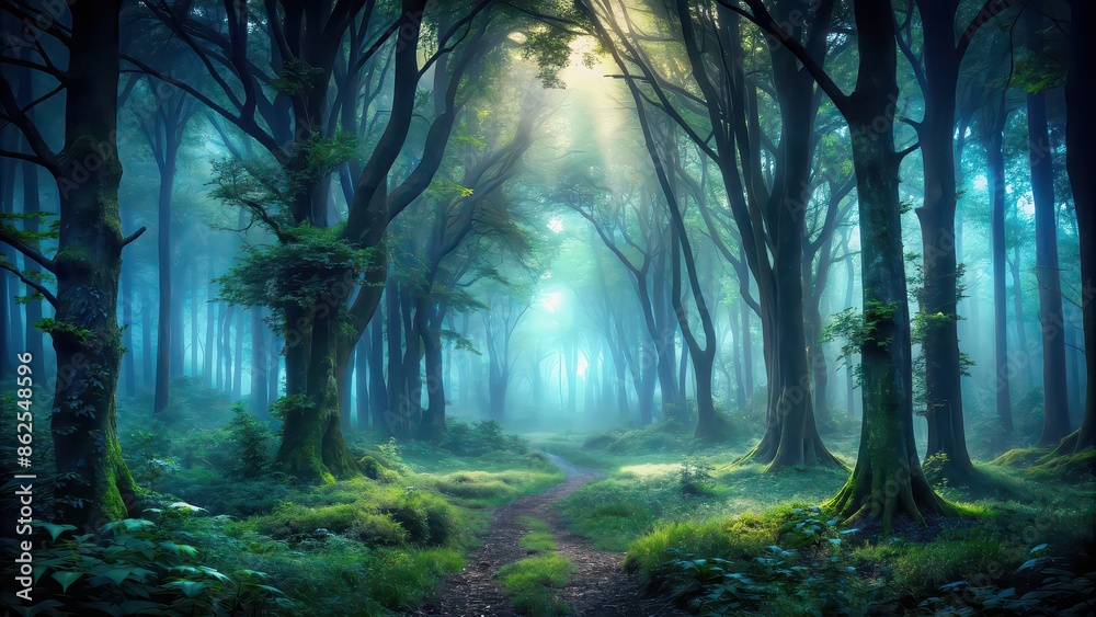 Naklejka premium Dark and enchanting forest with misty atmosphere, mysterious, eerie, magical, mystical, woods, trees, foggy, eerie