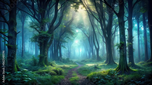 Dark and enchanting forest with misty atmosphere, mysterious, eerie, magical, mystical, woods, trees, foggy, eerie © Sujid