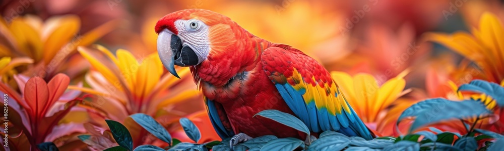 Obraz premium Brightly colored parrot sitting on a branch in a field of flowers, Animal background
