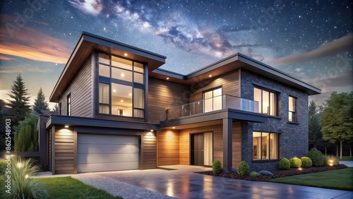 Modern two story house with gray and wood accents, large windows, parking space, Clear summer night with many stars in the sky, photo