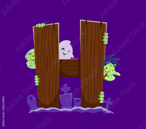 Halloween font, letter H with zombie and ghosts on cemetery, cartoon vector alphabet. Halloween font or kids ABC with spooky funny monsters on cemetery grave for cartoon type of letter H typeface