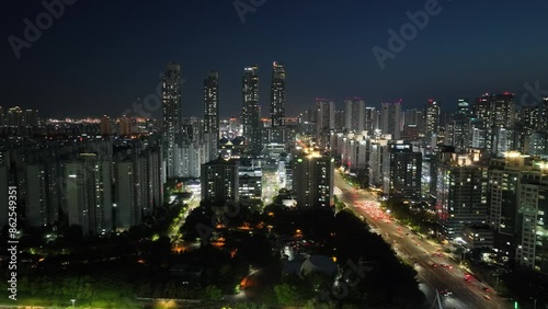 a city shot by a drone at night