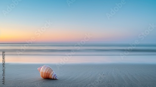 Create a minimalist composition with negative space, featuring a single seashell placed on a smooth