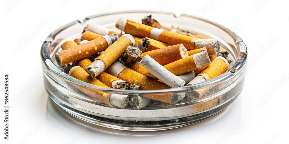 Ashtray filled with cigarette butts on white background , smoking, addiction, unhealthy, concept, litter, trash, nicotine, habit Ashtray filled with cigarette butts on white background , smoking, addiction, unhealthy, concept, litter, trash, nicotine, habit