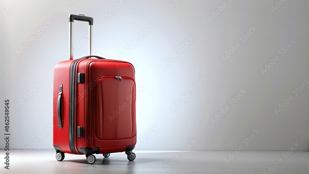 Red suitcase on wheels with retractable handle and front pockets, travel, luggage, suitcase, baggage, journey Red suitcase on wheels with retractable handle and front pockets, travel, luggage, suitcase, baggage, journey