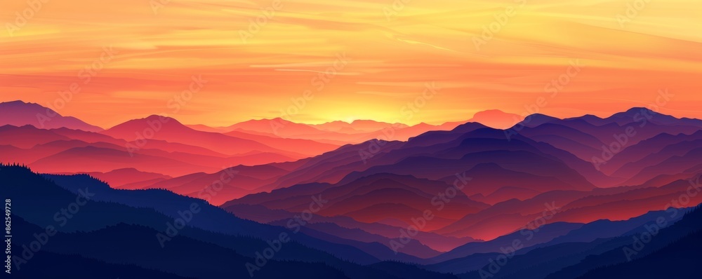 Obraz premium Sunset over layered mountain landscape