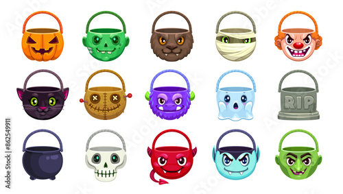 Halloween isolated sweets buckets with monster faces for holiday, cartoon vector. Halloween trick or treat party candies basket pumpkin, zombie and werewolf with mummy, devil, witch cauldron and skull