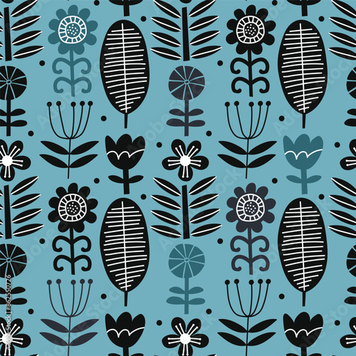 Seamless pattern with colorful north forest flowers on blue background. Modern botanical background. Vector illustration