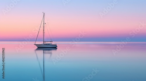 Create a minimalist seascape photograph with negative space, featuring a lone sailboat drifting on calm waters