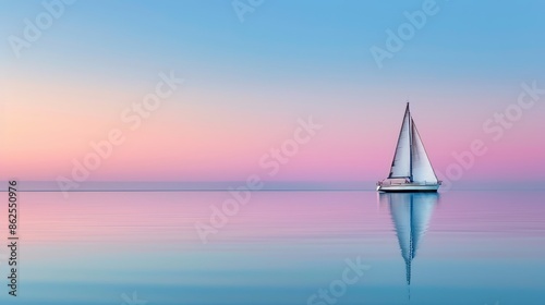 Create a minimalist seascape photograph with negative space, featuring a lone sailboat drifting on calm waters