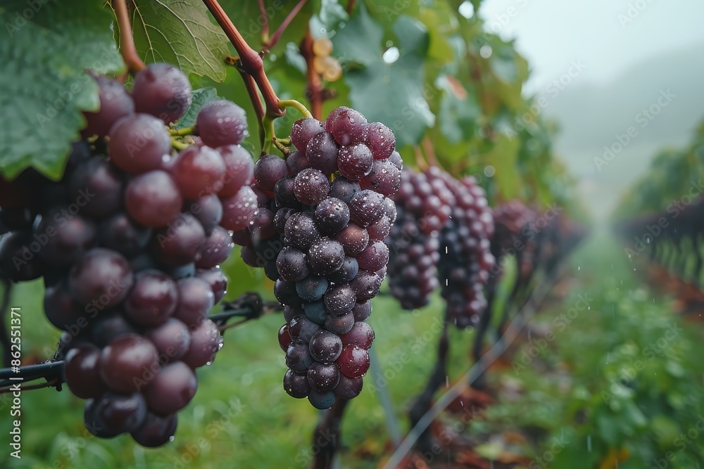 A lush vineyard with bunches of grapes hanging from the vines, ready to be harvested.