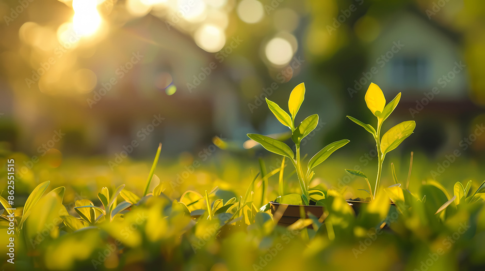 Fototapeta premium Potted seedlings on the grass
