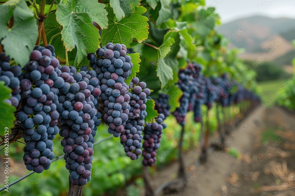 A lush vineyard with bunches of grapes hanging from the vines, ready to be harvested. A lush vineyard with bunches of grapes hanging from the vines, ready to be harvested.