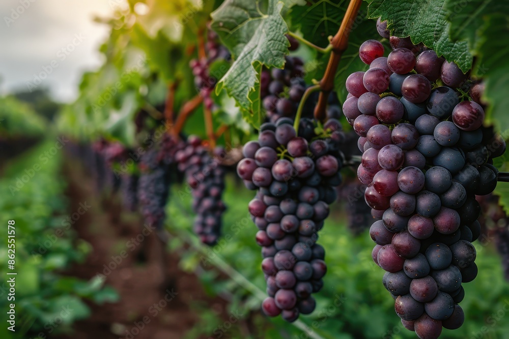 A lush vineyard with bunches of grapes hanging from the vines, ready to be harvested. A lush vineyard with bunches of grapes hanging from the vines, ready to be harvested.