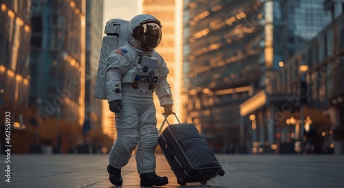 Astronaut Walking With Luggage in Modern City During Golden Hour