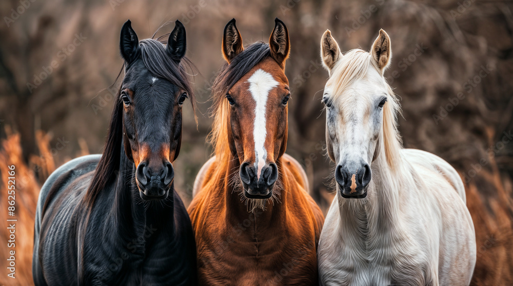 Three horses with different colours (black, brown and white) are looking into the camera Three horses with different colours (black, brown and white) are looking into the camera