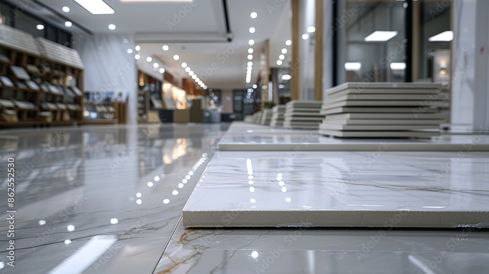 Obraz premium Marble tiles displayed in a showroom, reflecting bright lights