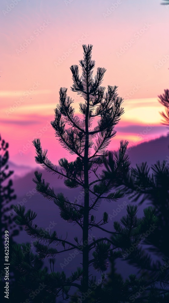 Silhouette of coniferous tree at sunset with vibrant pink and purple hues Silhouette of coniferous tree at sunset with vibrant pink and purple hues