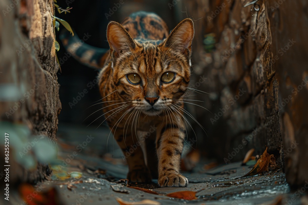 Obraz premium Cat walking down a path between two trees