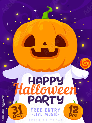 Halloween party flyer with scary pumpkin character for holiday horror night, cartoon vector. Halloween trick or treat party entertainment invitation poster with boo ghost in pumpkin lantern mask