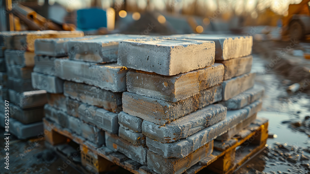 A stack of bricks on a pallet at a construction site. A stack of bricks on a pallet at a construction site.