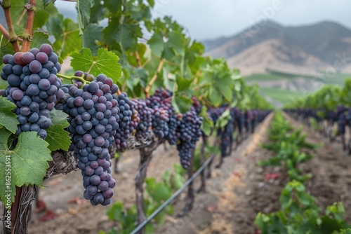 A lush vineyard with bunches of grapes hanging from the vines, ready to be harvested.