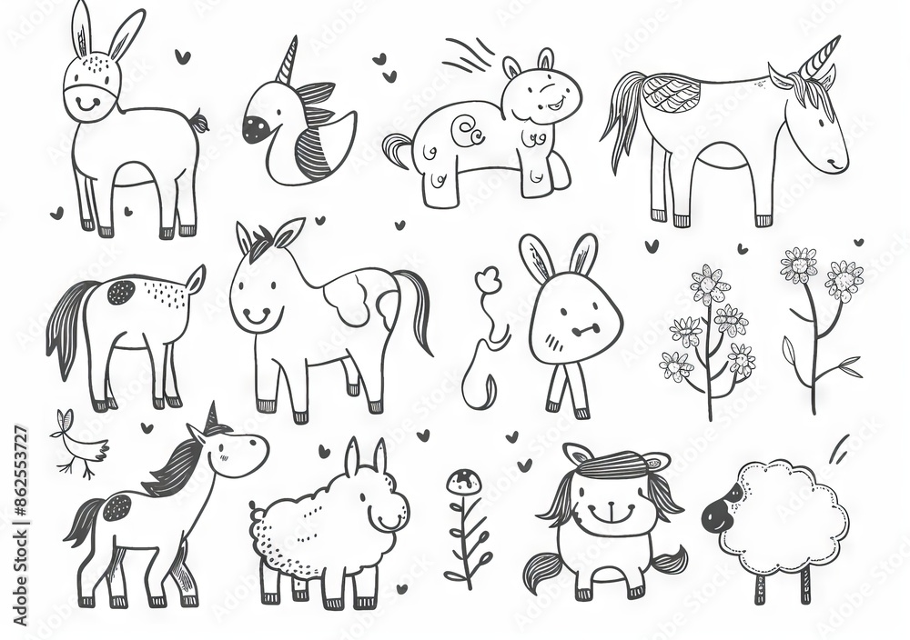 Obraz premium In the modern illustration, a number of farm domestic animals are shown, including horses, cows, and birds in a doodle sketch style. Also shown are pork, fowl meat, farm food backgrounds, and an icon