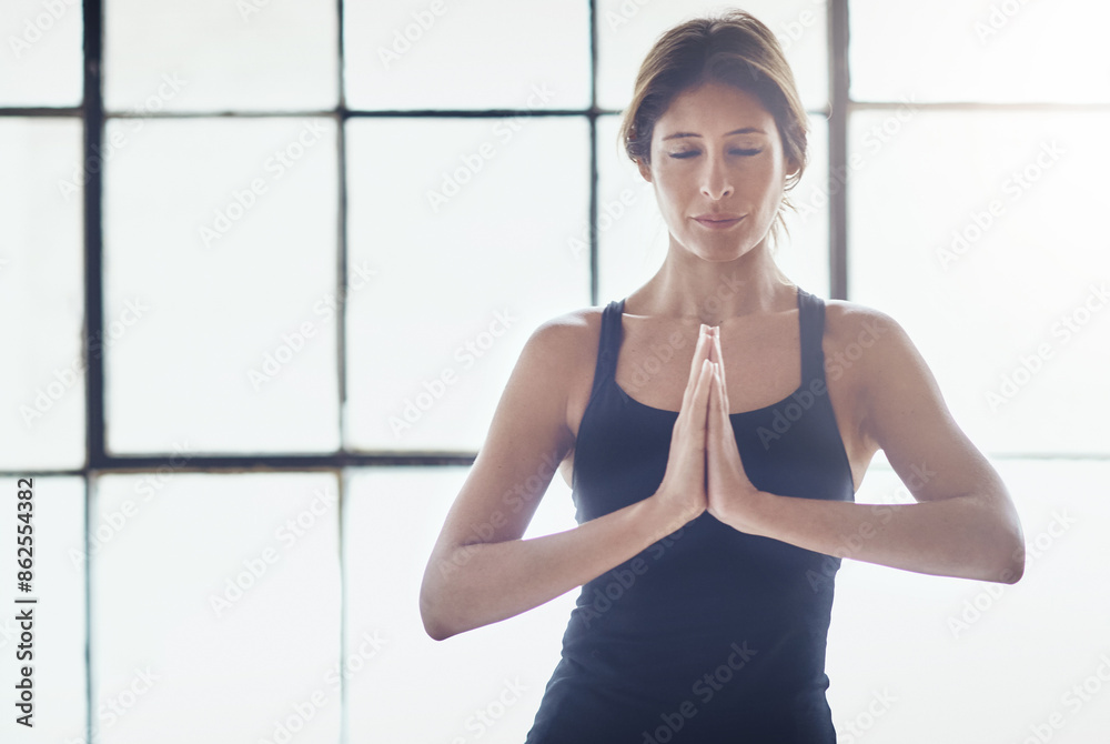 Namaste, woman and calm with yoga, prayer pose and wellness at home with balance. Relax, care and breathing awareness for health, peace and wellbeing in the morning with meditation and mindfulness Namaste, woman and calm with yoga, prayer pose and wellness at home with balance. Relax, care and breathing awareness for health, peace and wellbeing in the morning with meditation and mindfulness
