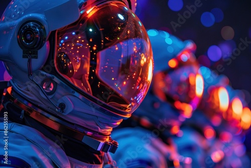 Astronauts in adaptive camouflage suits, their helmets morphing colors to blend with the cosmic environment #862555193