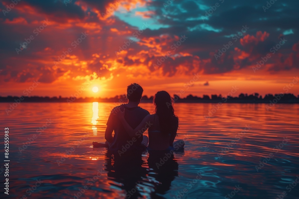 A romantic scene showing a couple standing in water, embracing while watching a stunning sunset on the horizon with vibrant, warm colors painting the sky. A romantic scene showing a couple standing in water, embracing while watching a stunning sunset on the horizon with vibrant, warm colors painting the sky.