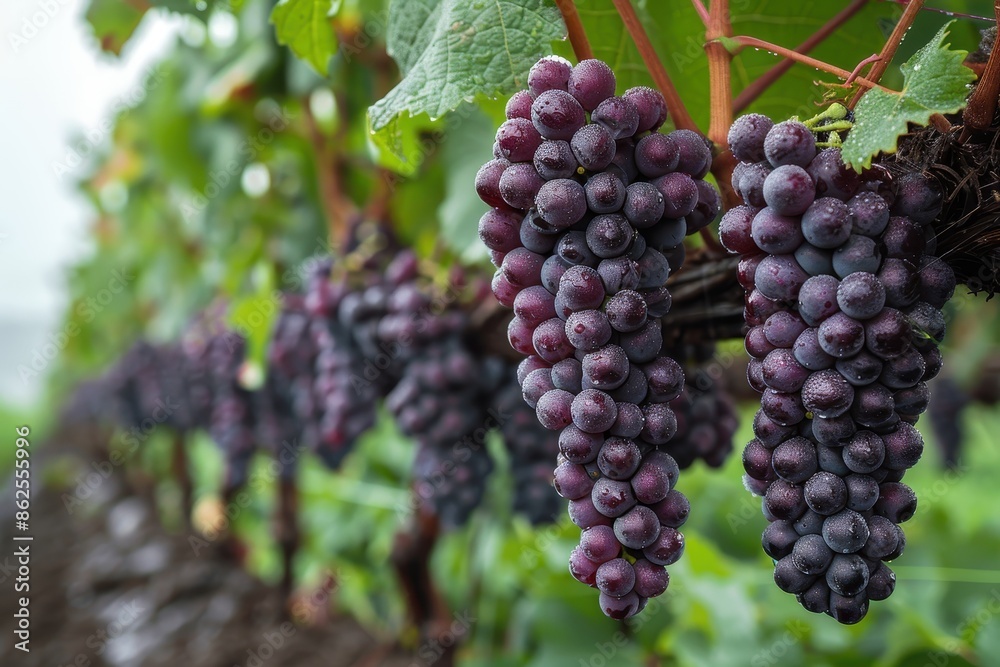 A lush vineyard with bunches of grapes hanging from the vines, ready to be harvested.