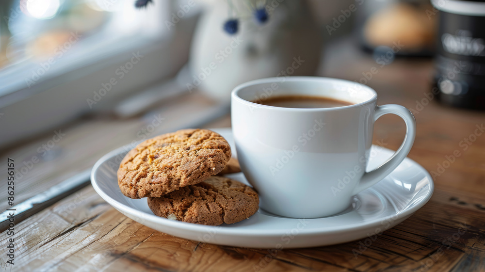A cup of coffee with cookies on a wooden table. A cup of coffee with cookies on a wooden table.