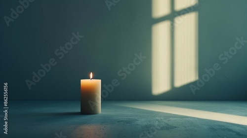 Create a serene still life with negative space, featuring a single lit candle in an otherwise dark room.