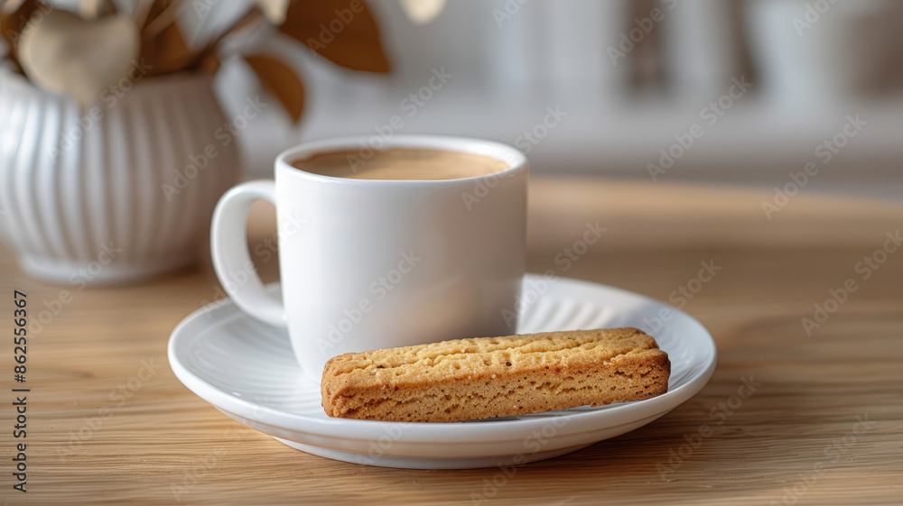 A cup of coffee on a plate with a biscuit on a wooden table. A cup of coffee on a plate with a biscuit on a wooden table.