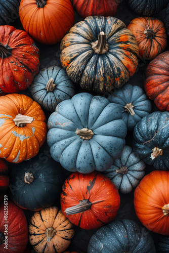 Vibrant orange and blue pumpkins in autumn display