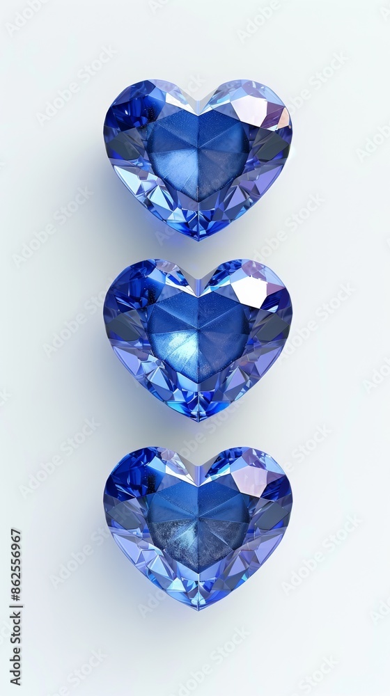 Fototapeta premium Three blue heart-shaped gemstones on white background, arranged vertically. Jewelry and luxury concept